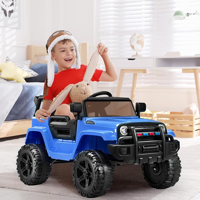 JOYMOR Ride on Truck with Remote Control, 4 Wheels 12V Battery Powered Kids Car, with LED Headlight/Horn Button/ MP3 Player/USB Port/Forward Backward/Kids Girl Boy (Blue)