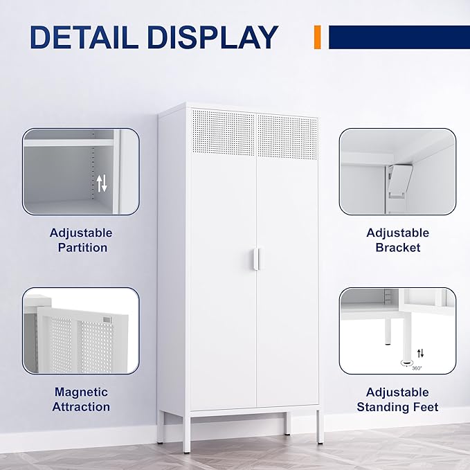 Metal Storage Cabinet with Adjustable Shelves, White, 61''H x 27.56''W 13.78''D, for Kitchen, Laundry Room, Home Office, Kids Room