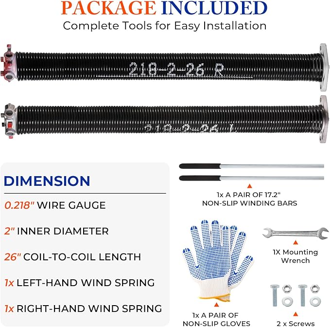 Pair of 2" Garage Door Torsion Springs (0.218" x 2" x 26") with Non-Slip Winding Bars & Gloves, Heavy-Duty Replacement, 18,000 Cycles, High Precision Electrophoresis Black Coated