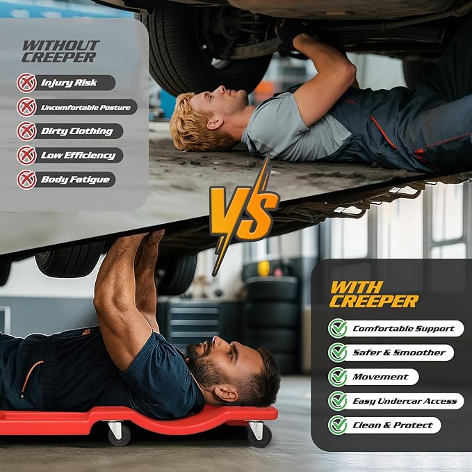 Magshion Mechanic Creeper with Padded Headrest and Tool Tray, 330 lbs Capacity Rolling Garage Shop Creeper with 6 Wheels, Lightweight and Portable Automotive Creeper (Red)