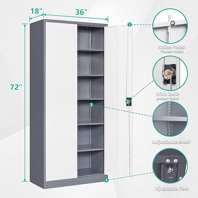 Wide & Deep Metal Storage Cabinet with 6 Shelves,72 inch Tall Garage Storage Cabinet with Lock,Gray White Metal Cabinets with Locking Doors,Large Steel Lockable Cabinets for Home,Office,Shop,Garage