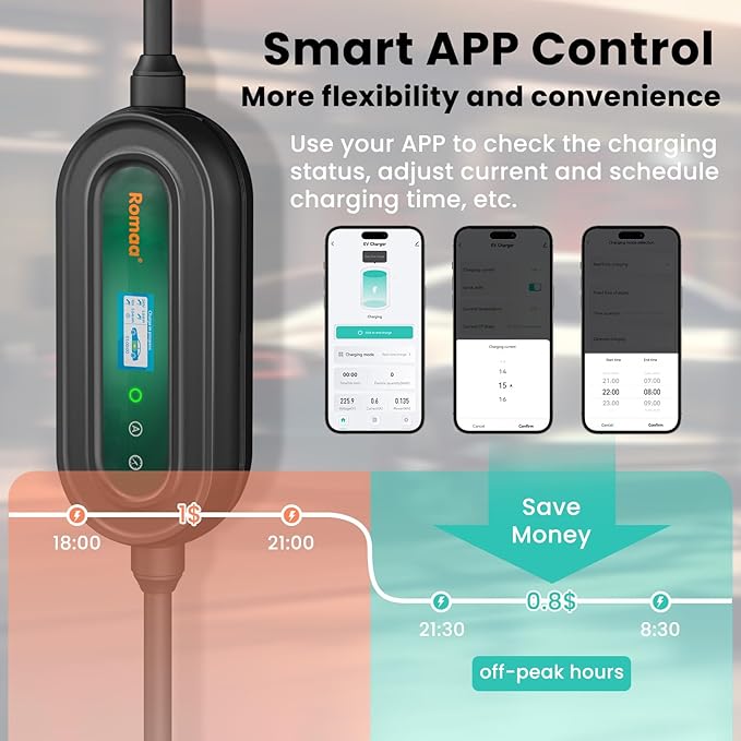 Level 2 EV Charger w/App Control: 32A 240V 7.68kW Fast Charging, NEMA 14-50 Plug & 25ft J1772 Charging Cable, Indoor/Outdoor Portable EVSE for Home, ETL/FCC Certified