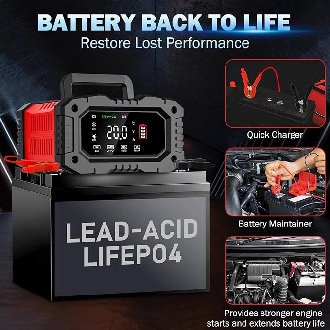 20-Amp Car Battery Charger, 12V/20A and 24V/10A LiFePO4,Lead-Acid(AGM/Gel/SLA) Automatic Smart Trickle Charger Maintainer,Desulfator, 300W Fast Charging for Automotive Truck Motorcycle Lawn Mower Boat