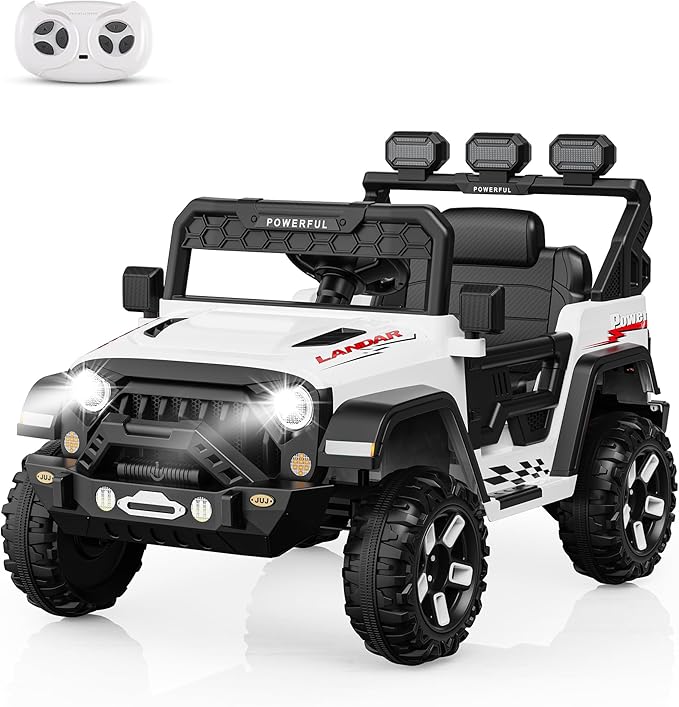 Kids Electric Vehicle, 12V Battery Powered Ride On Car with 2.4G Remote Control, Electric Car for Kids, 3 Speed Ride On Toy, Soft Start, LED Lights, Bluetooth, White