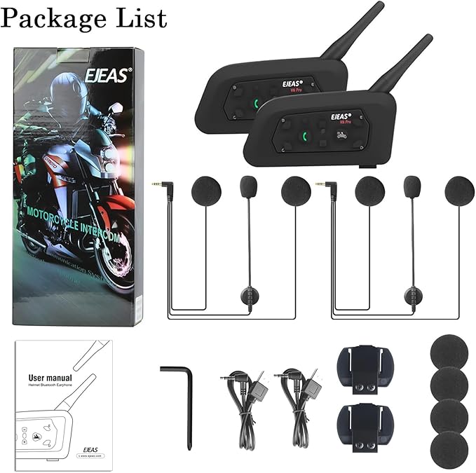 V6 Pro Motorcycle Helmet Bluetooth Intercom Headset 1200M 2 People Full Duplex Wireless Motorbike Interphone Connect Up to 6 Riders for Motorcycling Skiing and Climbing (2 Pack)