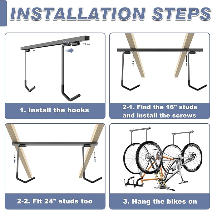 WALMANN Ceiling Mounted Bike Rack for Garage, Space-Saving Ceiling Bike Storage for 2 Bikes(Horizontally)/4 Bikes(Vertically), Adjustable Bike Hooks for Road Mountain Bikes