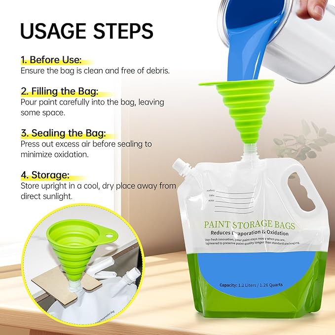 4 Pcs Paint Storage Pack Bags, 1.2L Reusable Paint Saver Bags with Funnel for Leftover Water Based Paint, Airtight Pouches for Easy Mixing & Dispensing for Home DIY Professional Painters