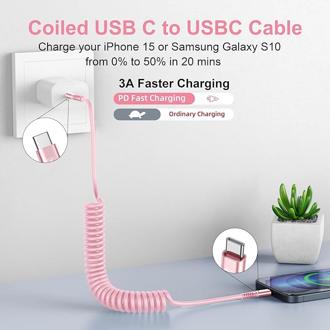 USB C to C Cable 3FT for Car, Coiled USB C Fast Charging Cable for iPhone 16, 2Pack Type C Cord for iPhone 15/Plus/Pro/Pro Max/Samsung Galaxy S23-Pink