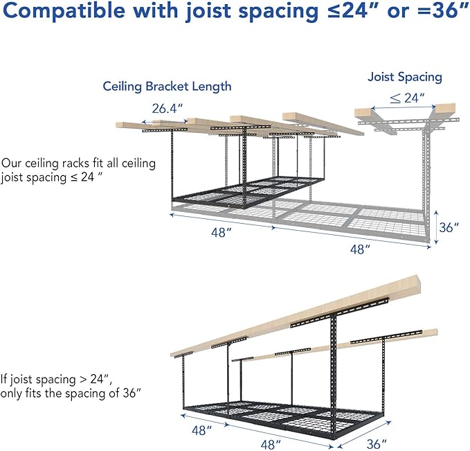 FLEXIMOUNTS 3x8 Overhead Garage Ceiling Storage Rack, Adjustable Garage Organization System, Heavy Duty Metal, 600lbs Weight Capacity, Black