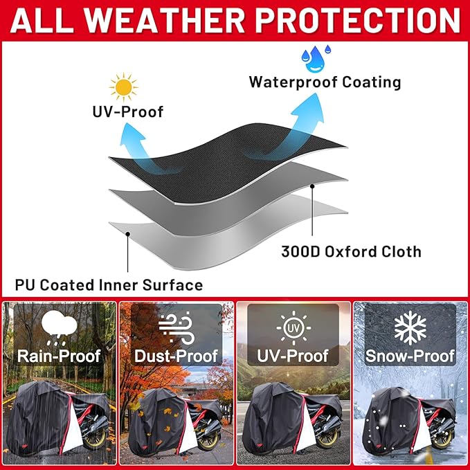 Motorcycle Cover,Waterproof Zipper Outdoor Cover for All Seasons Windproof, High Heat Resistance Dustproof and Rainproof Snowproof(Red Zipper L Fits Up to 91 inch)