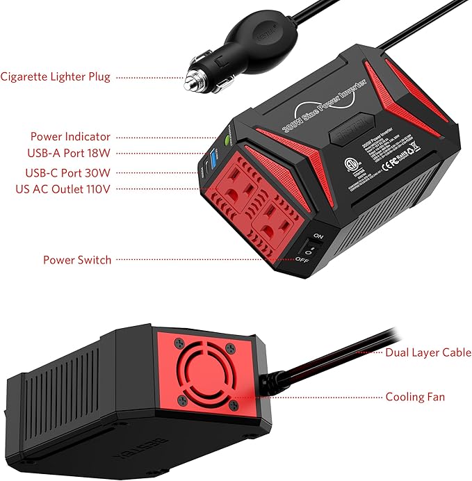 BESTEK 300Watt Pure Sine Wave Power Inverter [30W PD USB-C] Car Adapter DC 12V to AC 110V with QC3.0 USB Ports, Multi-Protection Car Charger Power Inverter for Vehicles