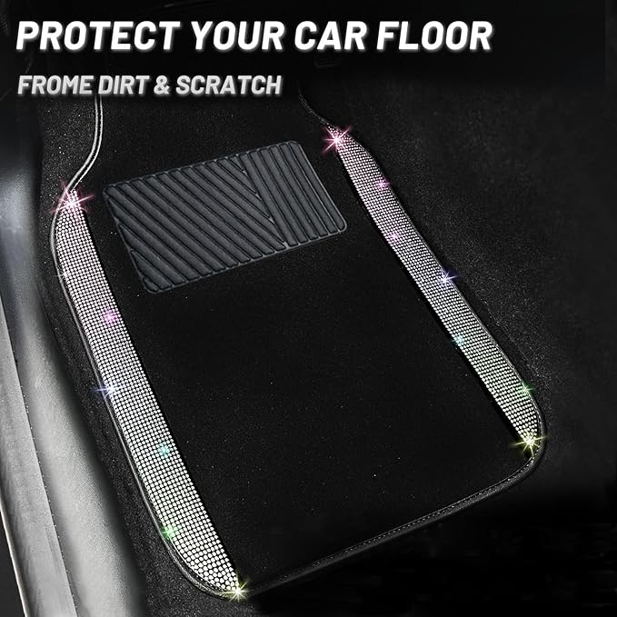 NBTEPEM Multicolor Bling Car Floor Mats Full Set, Universal Fit Most Cars,SUV, Trucks, 4 pcs Sparkle Glitter Diamond Carpet for Women Girls with Anti-Slip Pad (Colorful Diamond)