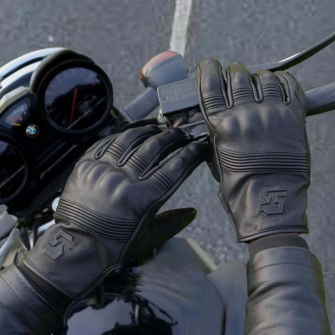 Leather Motorcycle Gloves for Men and Women | Touchscreen | Full Finger | Goatskin Leather Hard Knuckle Motorcycle Riding Gloves (Un-Perforated, Large)