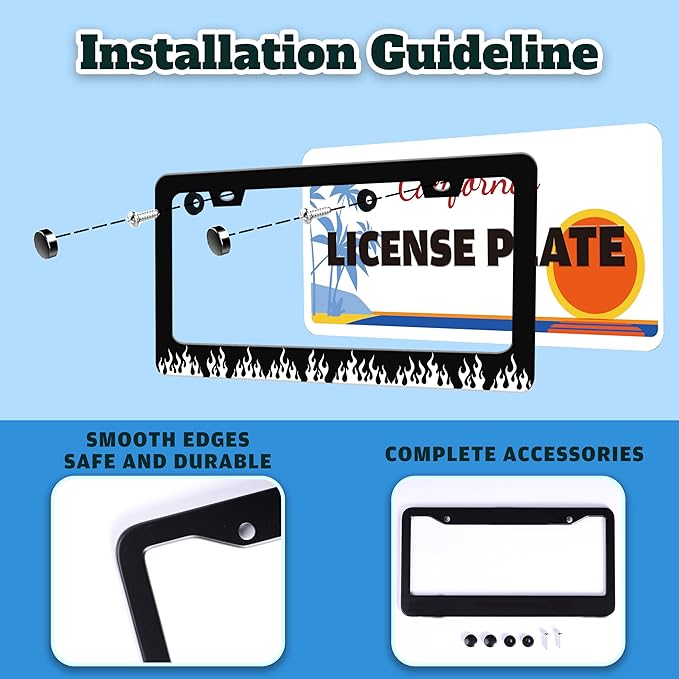 Black and White Flame License Plate Frame Fire License Plate Holder for Front or Rear Car Tags Stainless Steel Funny Car Decoration with Screws 6.3 X 12.2 in