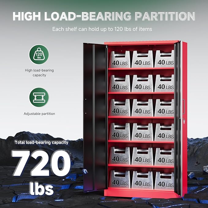 Letaya Metal Garage Storage Cabinets with Lock, 72" Tall Locker Organizer Steel Tool Cabinets,5 Adjustable Shelves 2 Doors for Home Office, Warehouse,Garage,Industrial,Employee (Black Red)