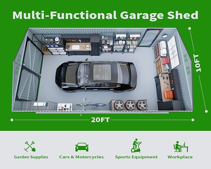 10x20 FT Upgrade Outdoor Storage Shed, Metal Garage Shed with 2 Lockable Doors, Large Metal Building with 4 Air Vents, Galvanized Steel Prefab Garage Sheds for Car, Truck, Bike, Tool, Black
