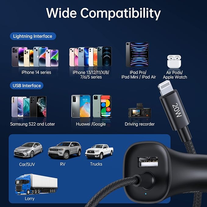 [Apple MFi Certified] Syncwire iPhone Car Charger 32W Super Fast Car Charger iPhone Cigarette Lighter USB Car Adapter with Build-in 6.5FT Lightning Cable Coiled for Apple iPhone 14/13/12/11/Max, iPad