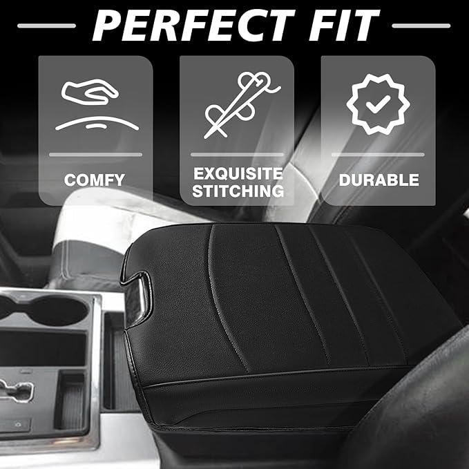 Muslogy Center Console Armrest Cover Compatible with Dodge Ram1500/2500/3500 2013-2018 Comfort Armrest Pad Arm Rest Cushion Vegan Leather Protector Regular Thick(Bucket Seat ONLY)