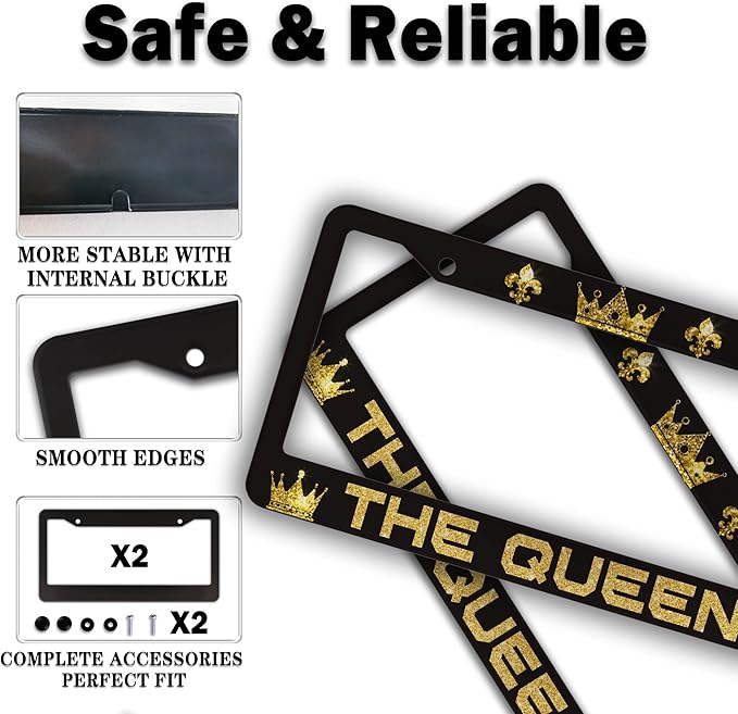 License Plate Frames Black Yellow Automotive Exterior Accessories The Queen Universal Aluminum Car Accessory 2 Pack with Screw Covers Set