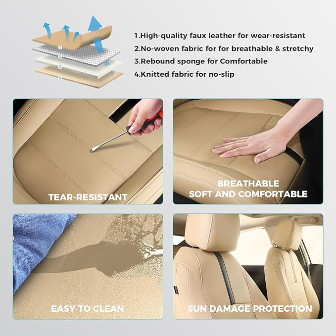 Seat Covers for Honda Civic Sedan 4DR Sedan LX 2022 2023 2024 2025, Leather Car Seats Cover Full Set,(Rear Row Solid Folding Backrest)-Beige