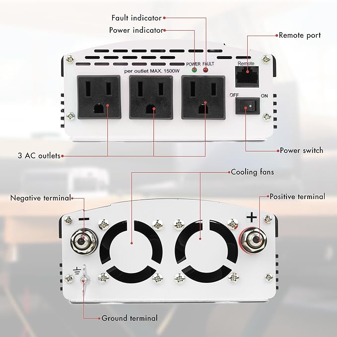 Wagan EL3724 2000W Slim Line AC to DC Power Inverter 2000W TrueRated Continuous 4500W Surge Power DC 12V to AC 110V Power Inverter with 3 AC Outlets and 2A USB Charging Port