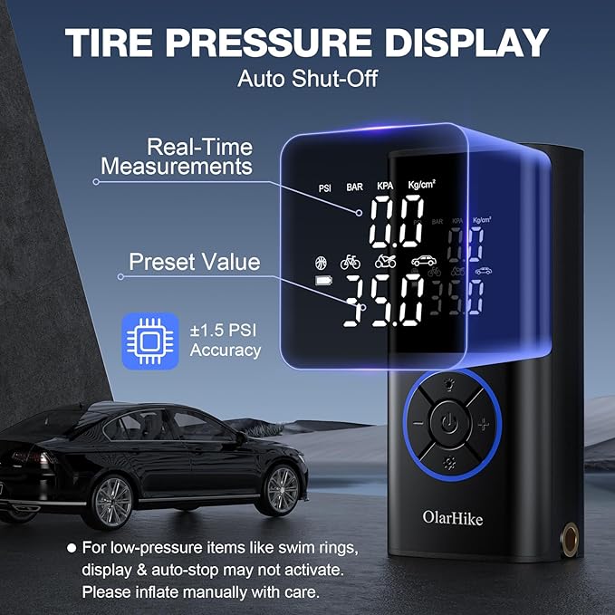 OlarHike Tire Inflator Portable Air Compressor, Long Range Battery-Powered, 160PSI Auto Air Pump for Car Tires, Bike,Bicycle, Motorcycles,Electric Pump with LED Light & Digital Pressure Gauge
