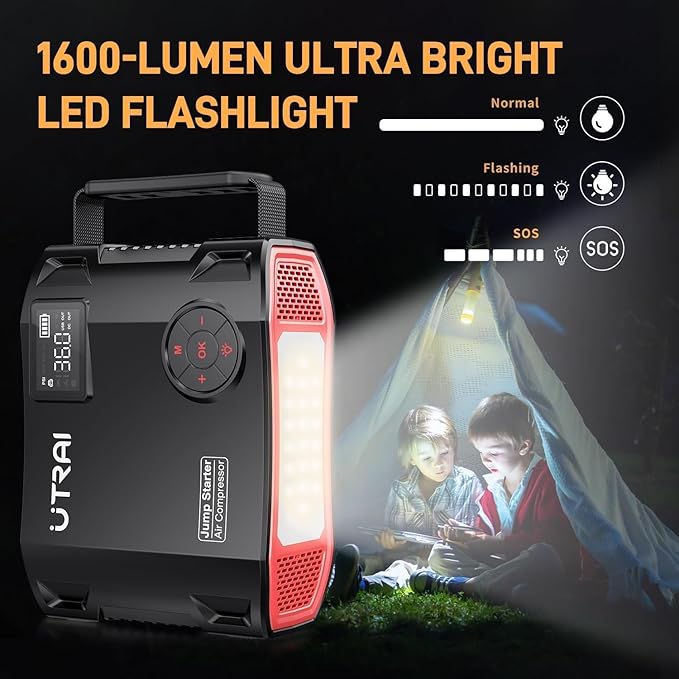 UTRAI Jump Starter with Air Compressor, 6000A 27000mAh Car Starter Jump Box with 150PSI Tire Inflator, Portable Jump Pack (All Gas/10L Diesel), DC160W, QC3.0 Jumper Cables, 1600LM Light