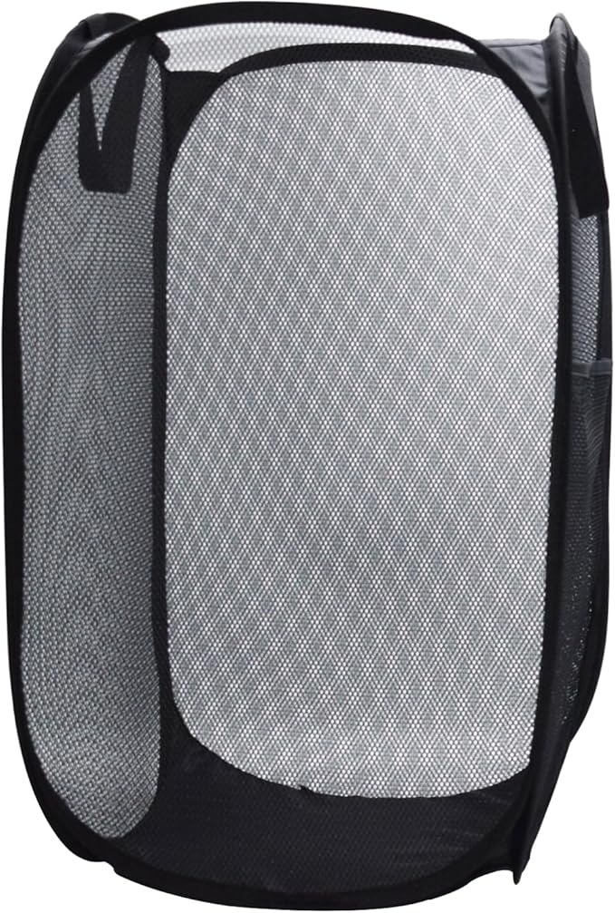 HONOMA Sturdy Mesh Laundry Hamper Basket Bag,Pop up Basket with Side Pocket for Laundry Room, Bathroom, Kids Room, College Dorm or Travel (Pop Vertical, Black)