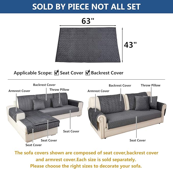 Eismodra Couch Cover,Sectional Couch Covers,Sofa Covers for 3 Cushion Couch,Anti-Slip Sofa Slipcovers for Dogs Cats Kids Loveseat Recliner L Shaped Armrest Backrest,Dark Gray 43''x63''(Only 1 Piece)