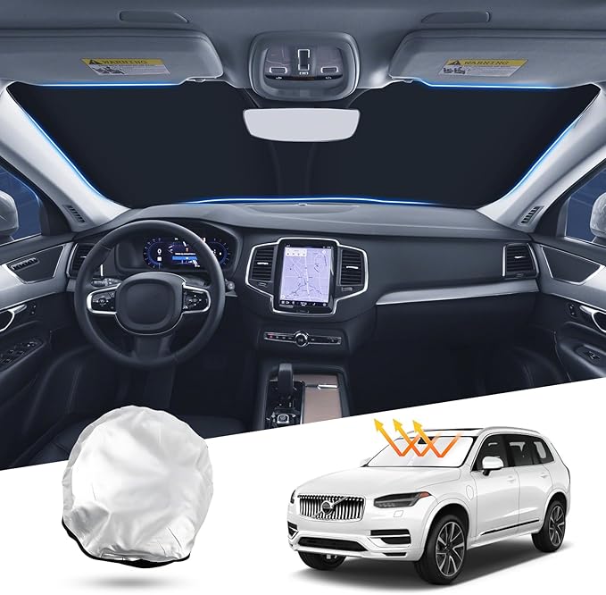 T TGBROS Compatible with 2015-2024 2025 Volvo XC90 Windshield Sun Shade Accessories Foldable Sun Shield Reflective Polyester Sun Visor Cover Block Heat and Sun Protection