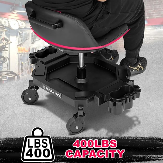 Rolling Stool with Wheels, Adjustable Height Pneumatic Garage Work Mechanic Stool Seat with Backrest, 400 LBS Capacity 360° Swivel Mechanic Crepper Chair with Tool Tray Storage, Pink