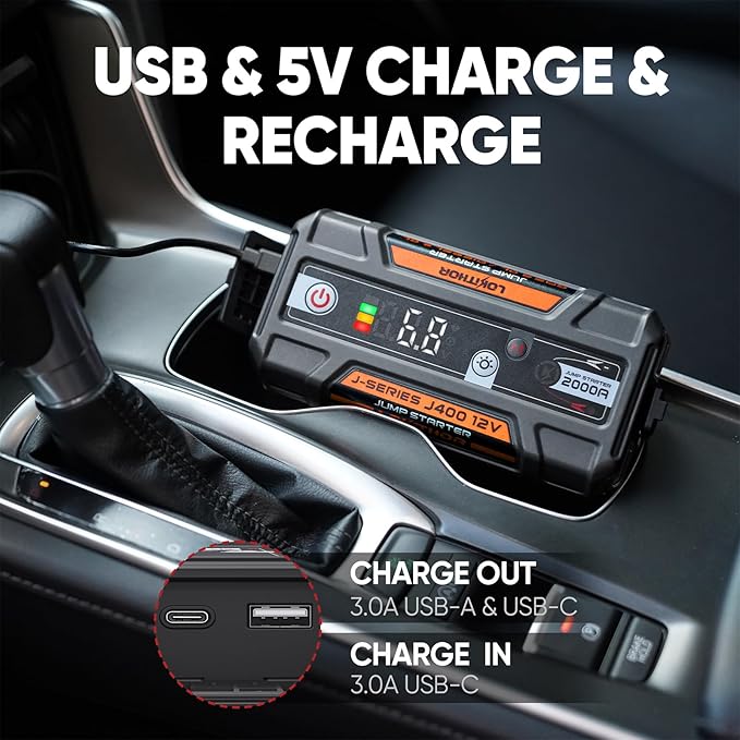 J400 2000A 12V Portable Lithium Jump Starter, Car Battery Booster Pack, USB-C Powerbank Charger, and Jumper Cables for Upto 8.0-Liter Gas and 6.0-Liter Diesel Engines