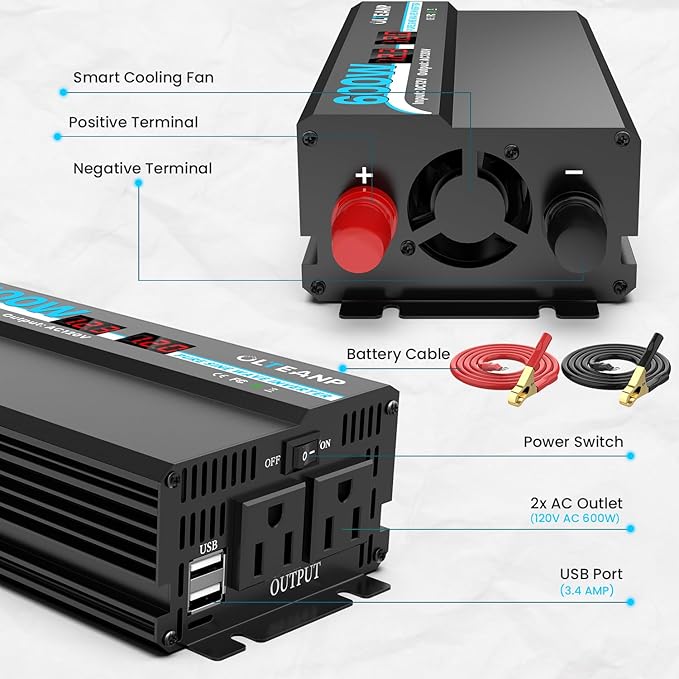 600W Power Inverter Pure Sine Wave Inverter 12V DC to 120V AC Converter for Car, Truck, Home, Vehicles, Laptop, Car Inverter 12V to 110V with 2 AC Outlets, 2 USB Ports, LCD Display
