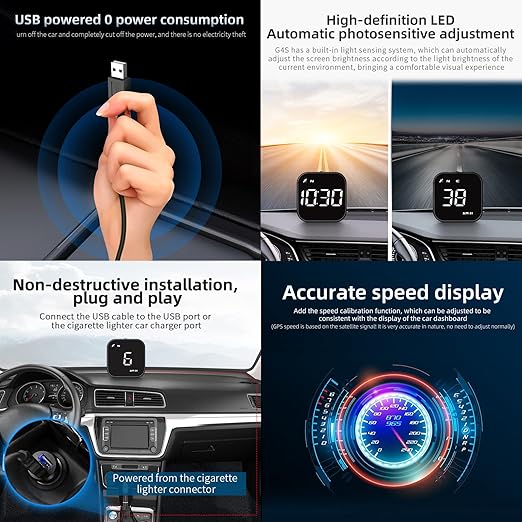 G4S Digital GPS Speedometer, Car HUD Heads Up Display with Digital Speed in MPH KPH, Overspeed Alarm, Driver Fatigue Reminder, Multifunction Speedometer Universal for All Vehicle, Fuel Cars
