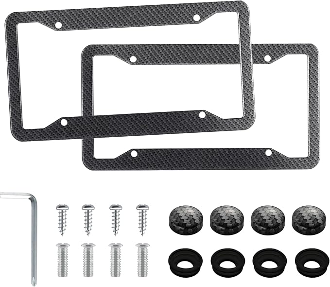 LivTee Carbon Fiber License Plate Frames, 2PCS Car License Plate Holder, 4 Holes Stainless Steel License Plate Covers, Automotive Exterior Accessories, Slim Design with Gasket Cover for US Cars