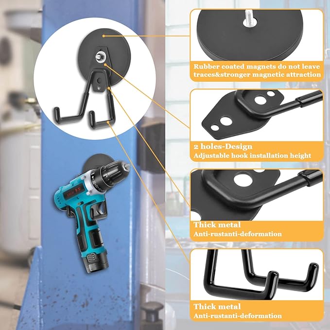 Strong Magnetic Hooks Heavy Duty, 2.59" (66 mm) Garage Magnet Hooks with Anti-Slip Coating, 2 Pcs Industrial Strength Utility Magnet Hooks, for Cordless Drills Hanging Metal Cabinets Tool Pegboard