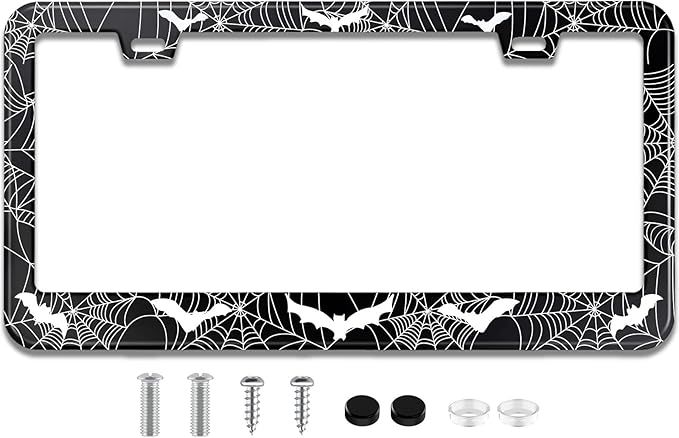 License Plate Frame for Bats and Spider Webs Stainless Steel License Plate Frames Holder Covers Rust-Proof Auto Parts Decoration with Screws License Plate Holder for Car Accessories 12x6 Inch