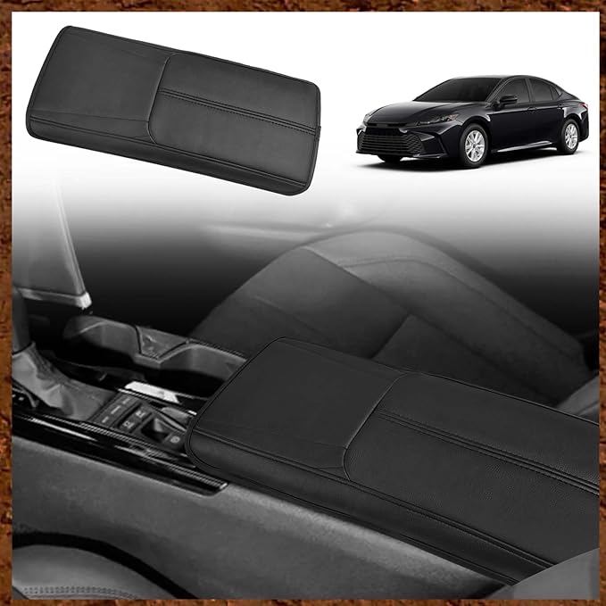Muslogy Armrest Pad Center Console Cover Compatible with 2025 Toyota Camry LE SE XLE XSE Accessories Armrest Lid Protector Vegan Leather Extra Soft Lid Cushion (Black/Black Stitching)