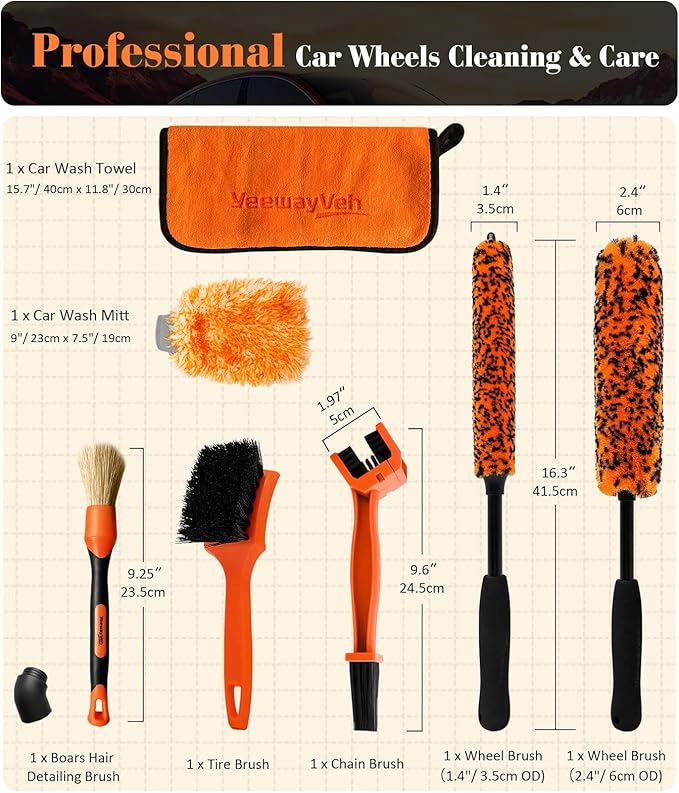7PCS Motorcycle Cleaning Kit, 2-Size Bendable Wheel Brush, Tire and Chain Brush, Detailing Brush, Microfiber Towel and Car Wash Mitt for Car Wheels Motorcycle Dirt Bike Detailing Wash Kit