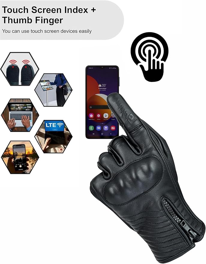 Full Finger Leather Motorcycle Gloves for Men & Women Touch Screen Gloves Premium Street Motorcycle Durable Protective Cruiser Biker Gel Leather Motorbike Gloves