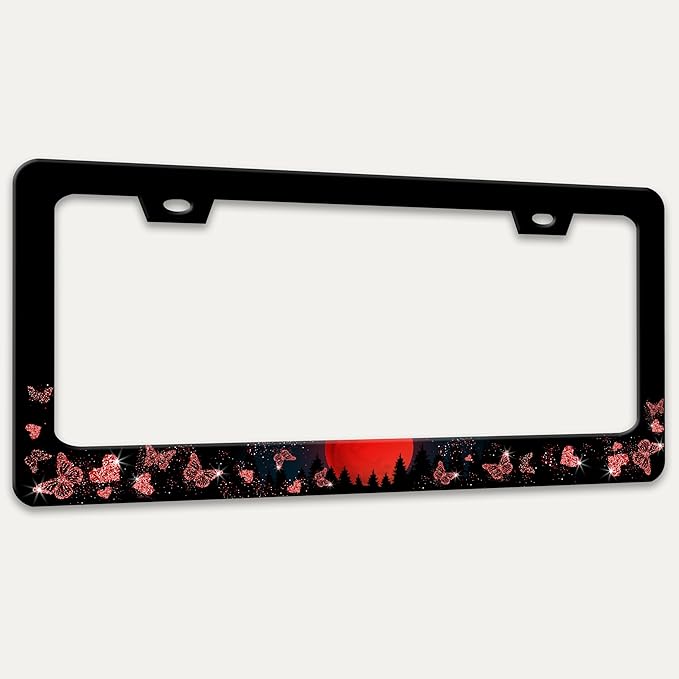 Red Moon Butterfly License Plate Frame Night Forest License Plate Holders Funny Stainless Steel Auto Accessory Bracket 2 Hole with Screws Universal Us Car License Plate Frames 6x12 Inch for Women Men