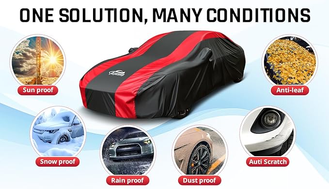Full Exterior Covers with Red Stripe Design,Sedan Car Cover for Waterproof Universal Fit Toyota Corolla Prius, Ford Focus Sedan, Hyundai Elantra, Kia Forte, Nissan Sentra, VW Jetta