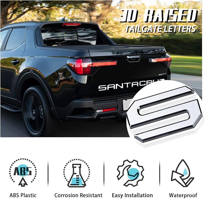 Tailgate Inserts Letters Compatible for 2022 2023 2024 2025 Santa Cruz 3D Raised & Strong Adhesive Decals Letters Rear Emblem Decal Sticker Compatible for Santa Cruz Accessories-Chrome Silve