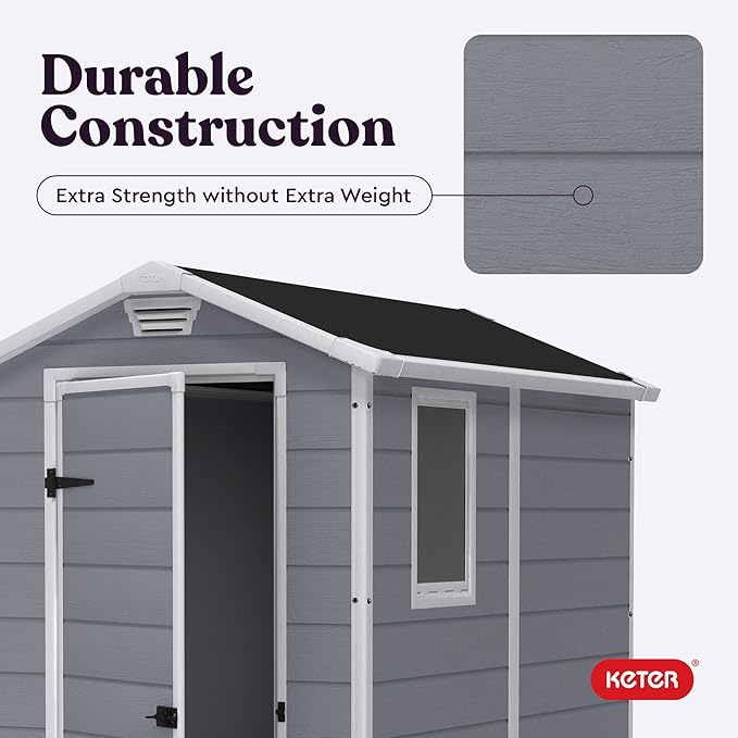 Keter Manor 4x6 Resin Outdoor Storage Shed Kit-Perfect to Store Patio Furniture, Garden Tools Bike Accessories, Beach Chairs and Lawn Mower, Grey & White