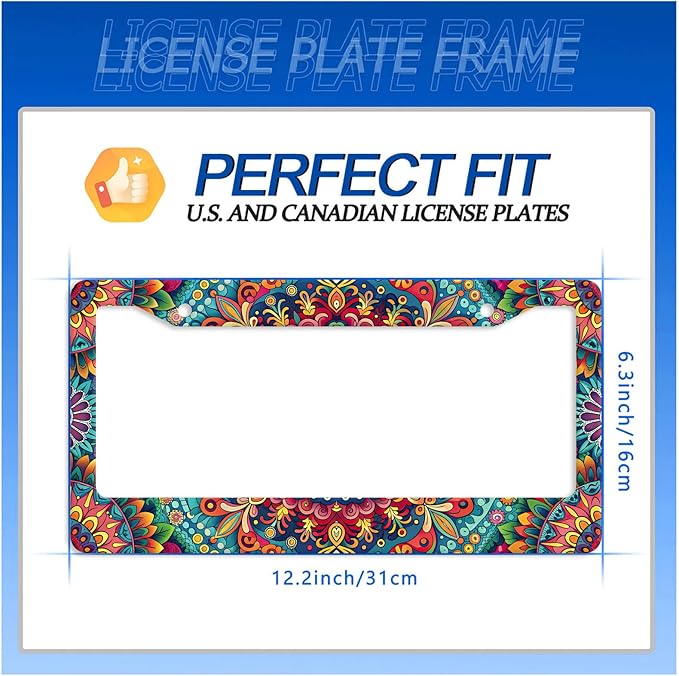 Boho License Plate Frame Beautiful Mandala Flowers License Plate Stainless Steel Funny License Plate Holder Hippie Car Accessories Decoration with 2 Screws Fits Standard Vehicles Size 12.3" x 6.3"