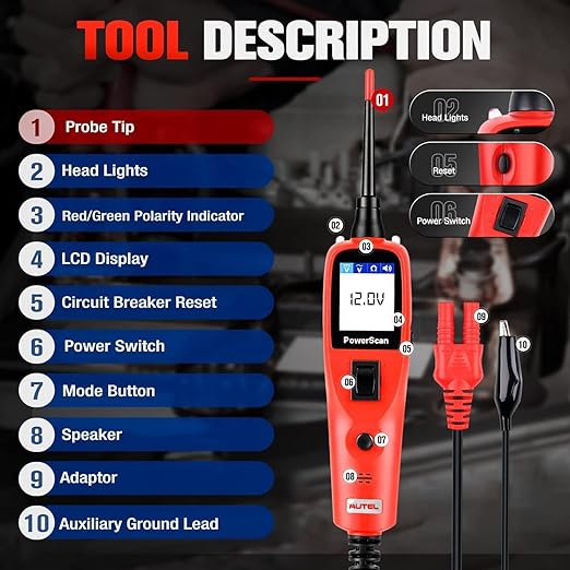 Autel PowerScan PS100 Power Circuit Probe Kit - 12V 24V Car Circuit System Diagnostic Tool, Automotive Circuit Tester with 20ft Extension Cable, Easy to Read AC/DC Current Resistance
