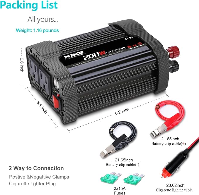 NDDI 200W Car Power Inverter 12V DC to 110V AC Converter with 3.1A Dual USB Quick Car Charger Adapter(Black)