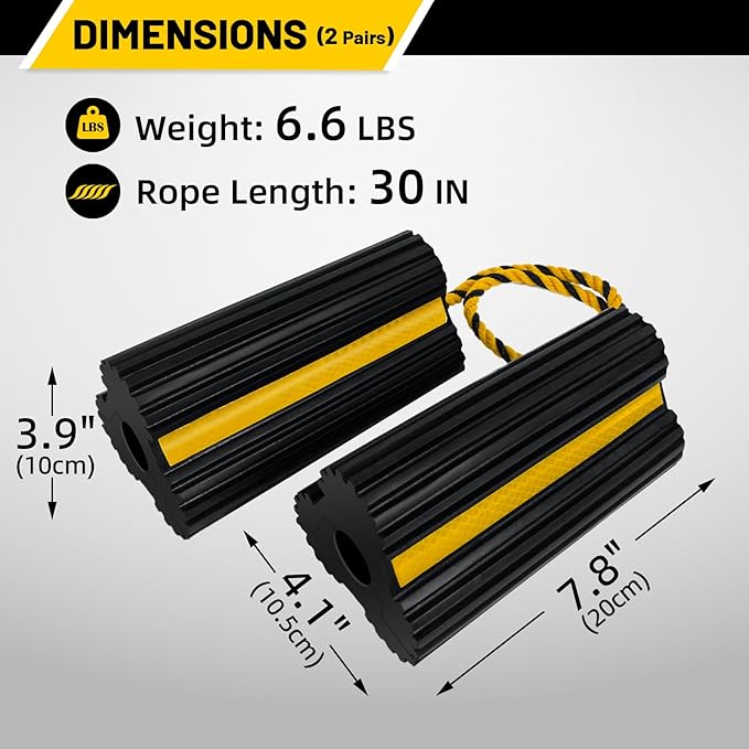 ROBLOCK 2 Pairs Wheel Chocks Heavy-Duty Rubber Wheel Block Non-Slip Base with Nylon Rope Yellow Reflective Tape - 4 Pack Wheel Stopper for Travel Trailers, Car, Camper, Truck, Black