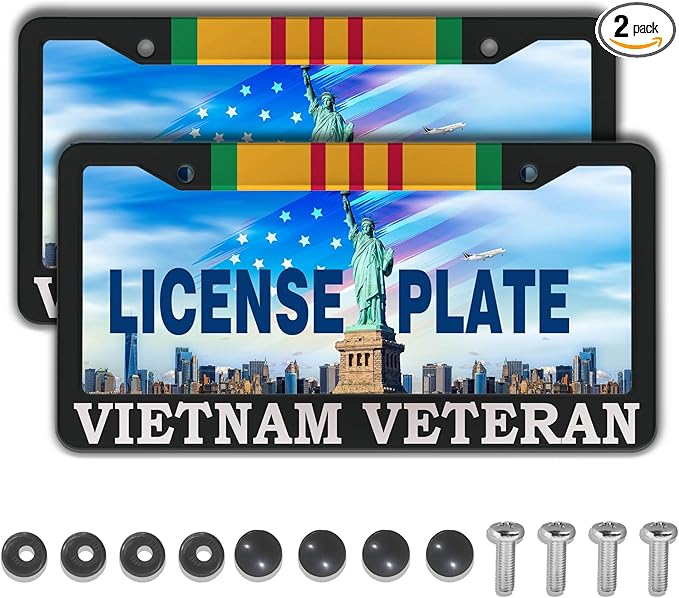 License Plate Cover Black and White License Plate Frames Vietnam Veteran Universal Aluminum Car Accessory 2 Pack with Screw Covers Set