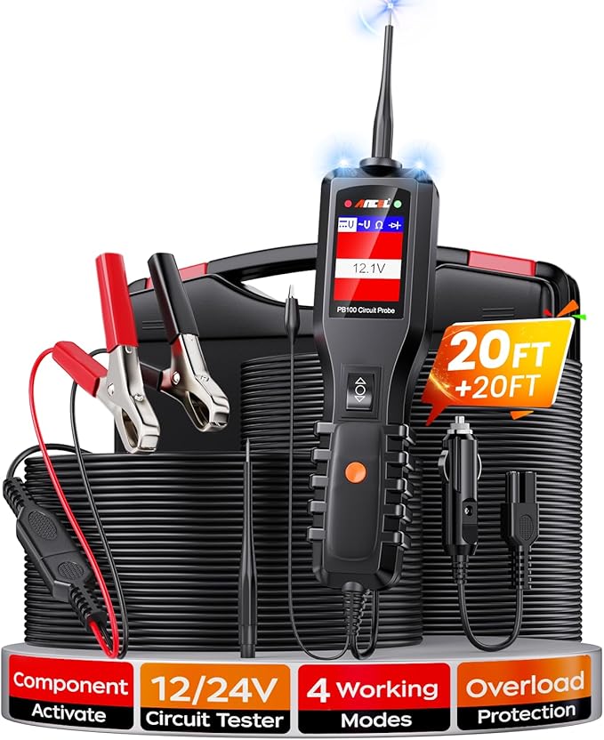 ANCEL PB100 Automotive Power Circuit Probe Tester, 12 24V Electrical Short/Open Breaker Finder, AC DC Diode Resistance Relay Tester, Continuity Test Digital Multimeter/Ohmmeters, 20 + 20FT Cable
